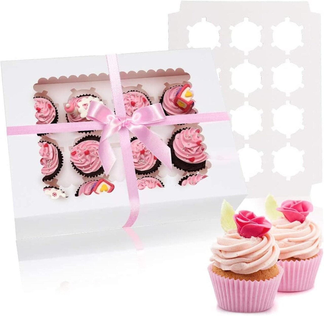 25 Cupcake Boxes with Window & Inserts, Holds 12 Each, Food-Grade